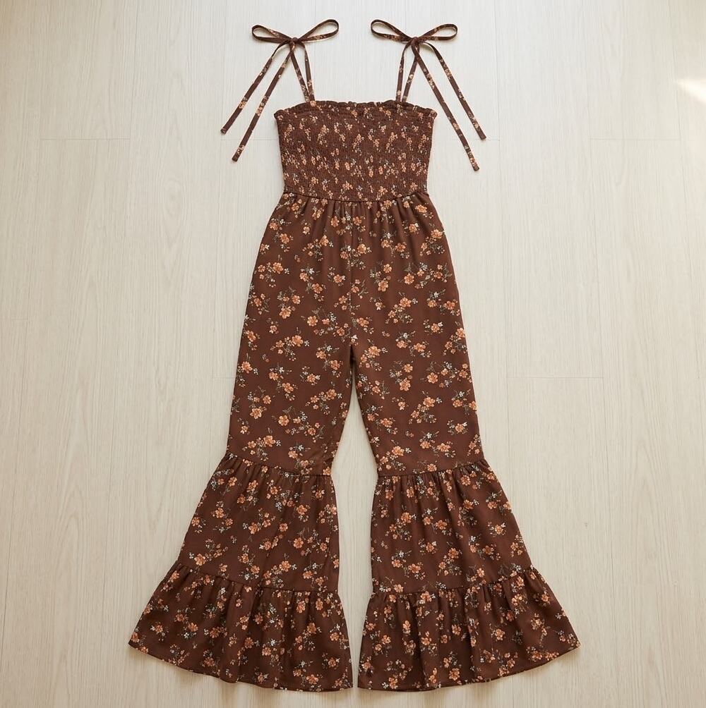 Retro Floral Smocked Tiered Flare Jumpsuit romper Cottagecore Aesthetic wide leg